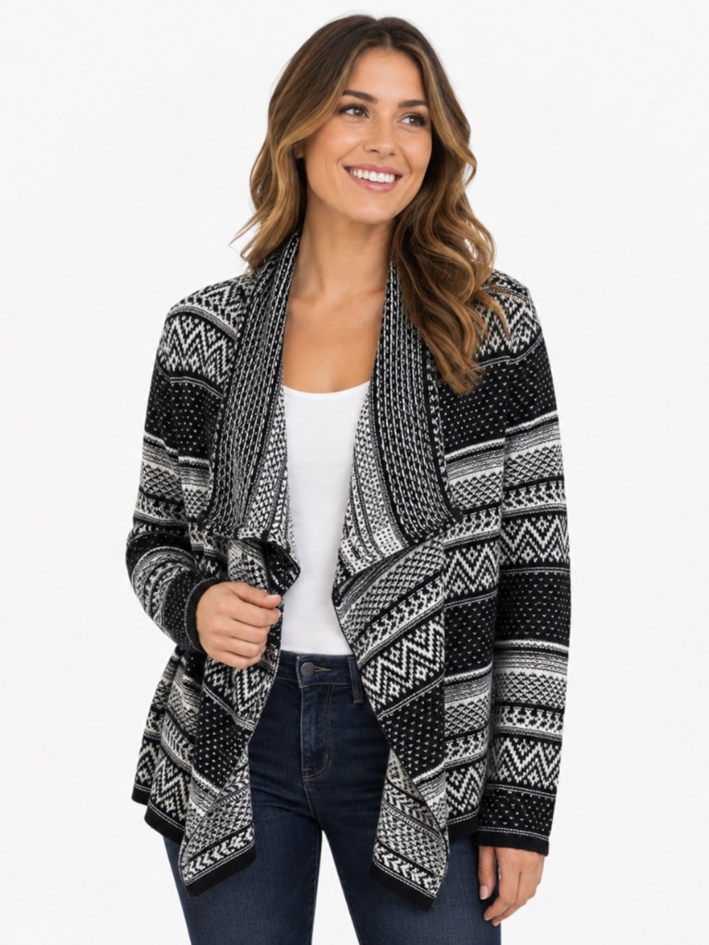 Carol Rose Petite Medium Black White Aztec Knit Cardigan